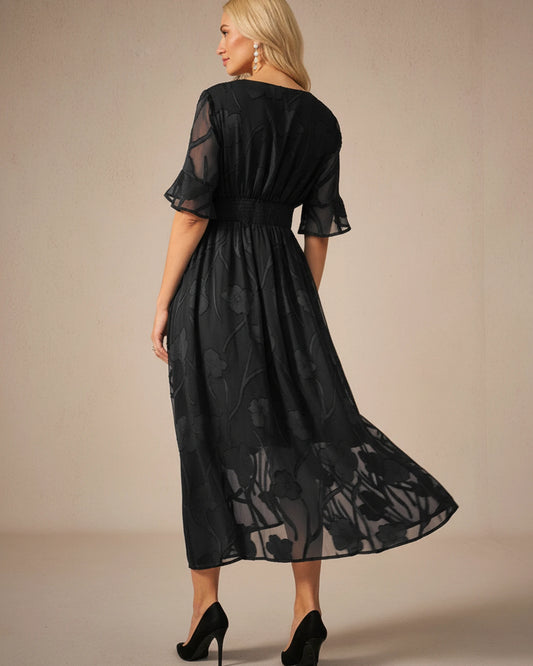Midi Floral Mesh V-Neck A-Line Dress