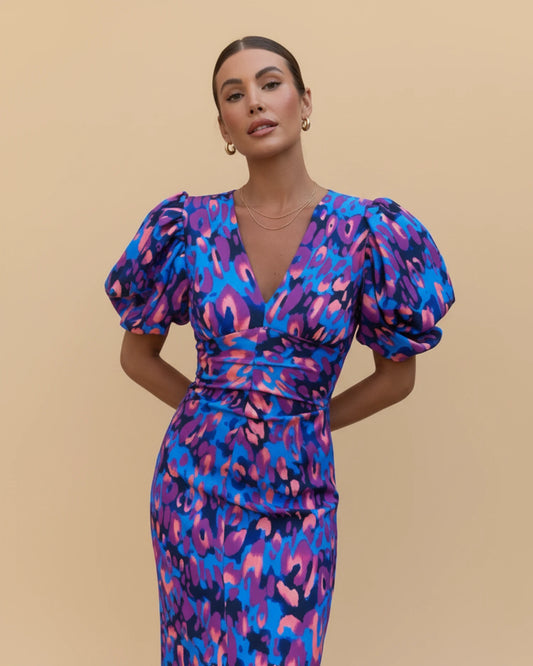 Women's Puff Sleeve V-Neck Midi Dress image