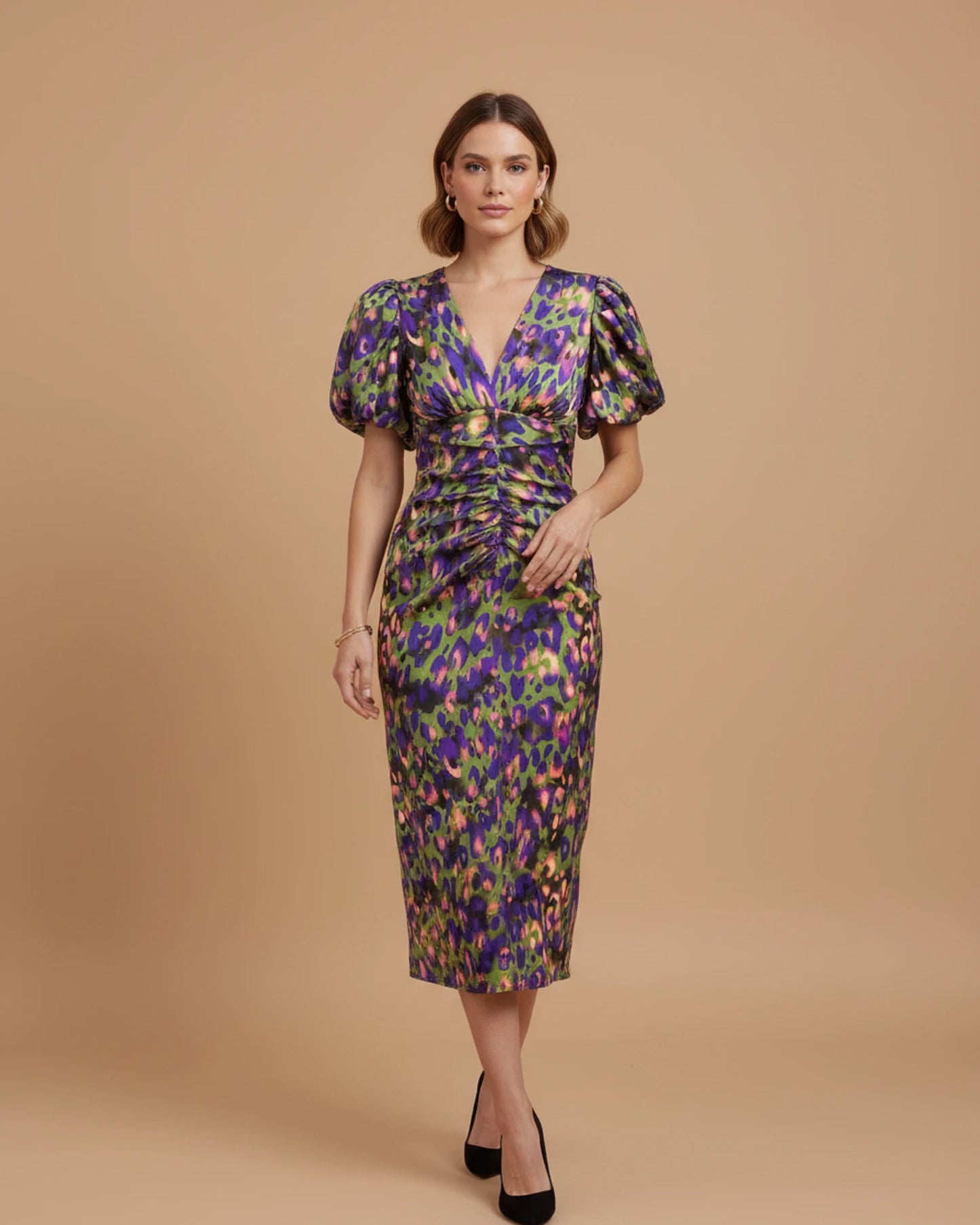 Women's Puff Sleeve V-Neck Midi Dress image