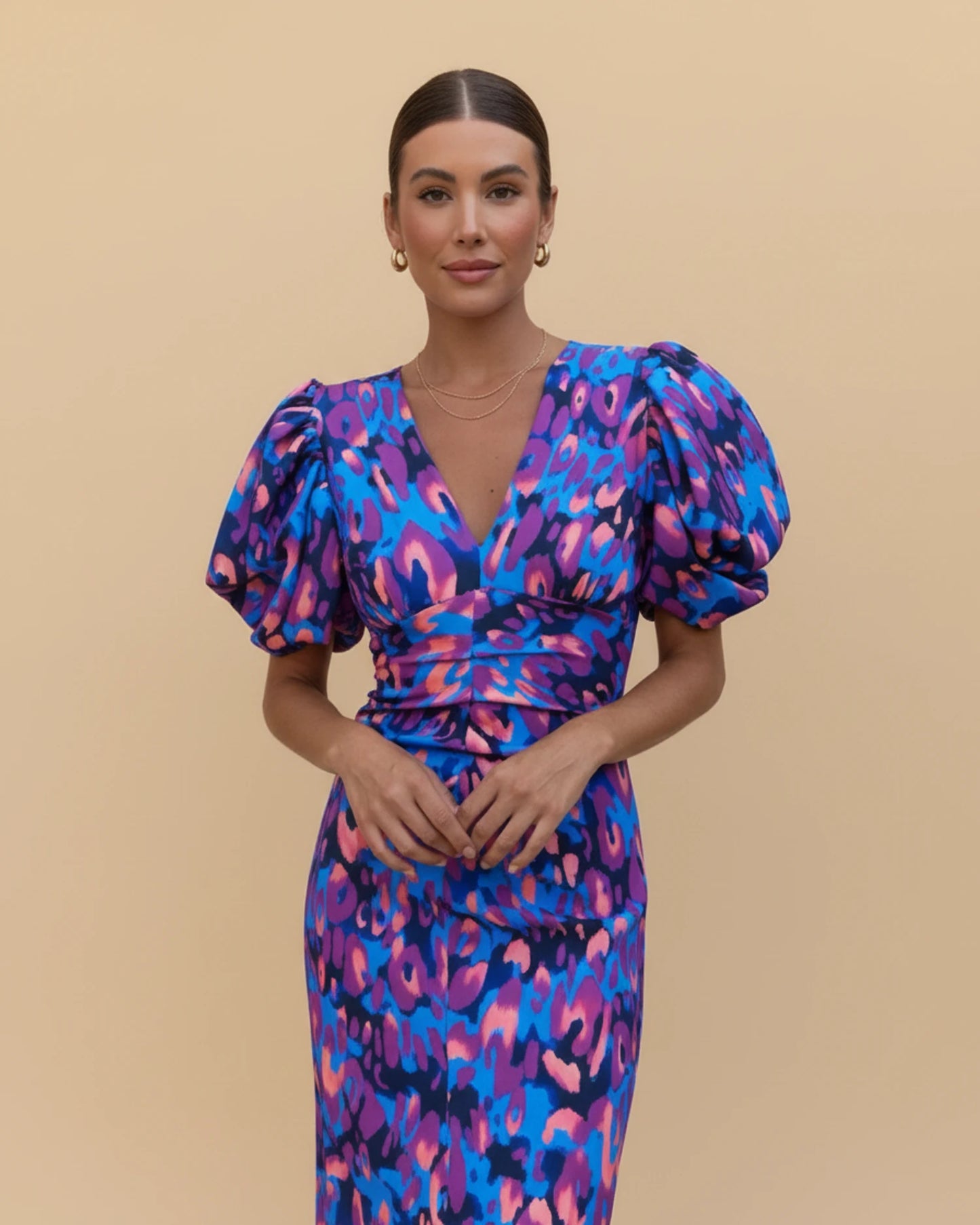 Women's Puff Sleeve V-Neck Midi Dress image