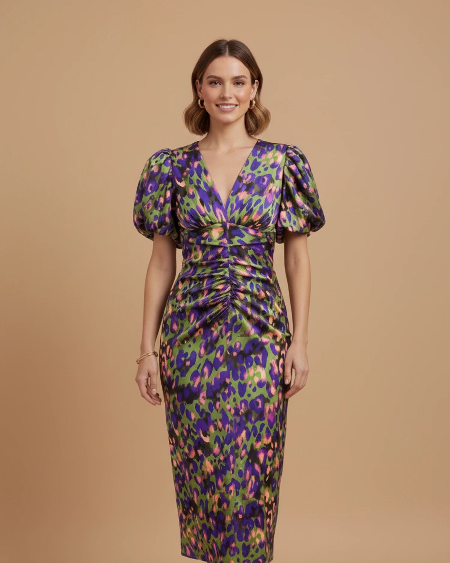 Women's Puff Sleeve V-Neck Midi Dress image