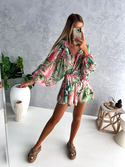 Image of Elaine | Women's Tropical Print Wrap Top Two-Piece Set