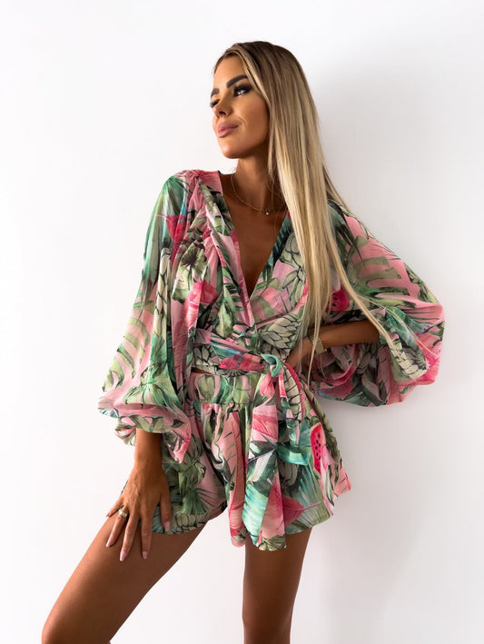 Image of Elaine | Women's Tropical Print Wrap Top Two-Piece Set