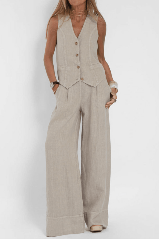 Image of Jennifer | Women's Button-Front Sleeveless Vest and Wide Leg Pants Set
