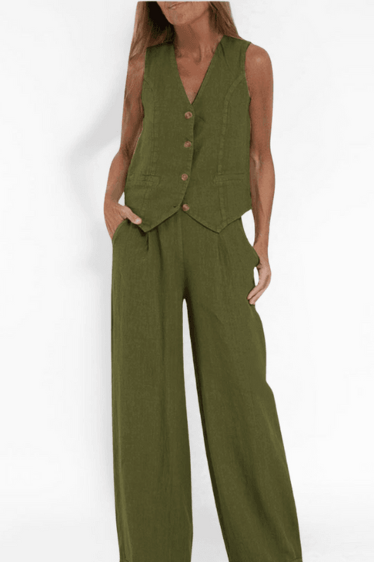 Image of Jennifer | Women's Button-Front Sleeveless Vest and Wide Leg Pants Set