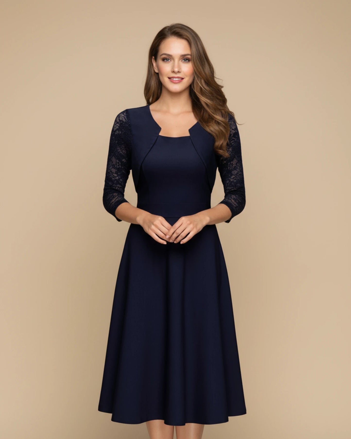 Women's 3/4 Sleeve A-Line Midi Dress image