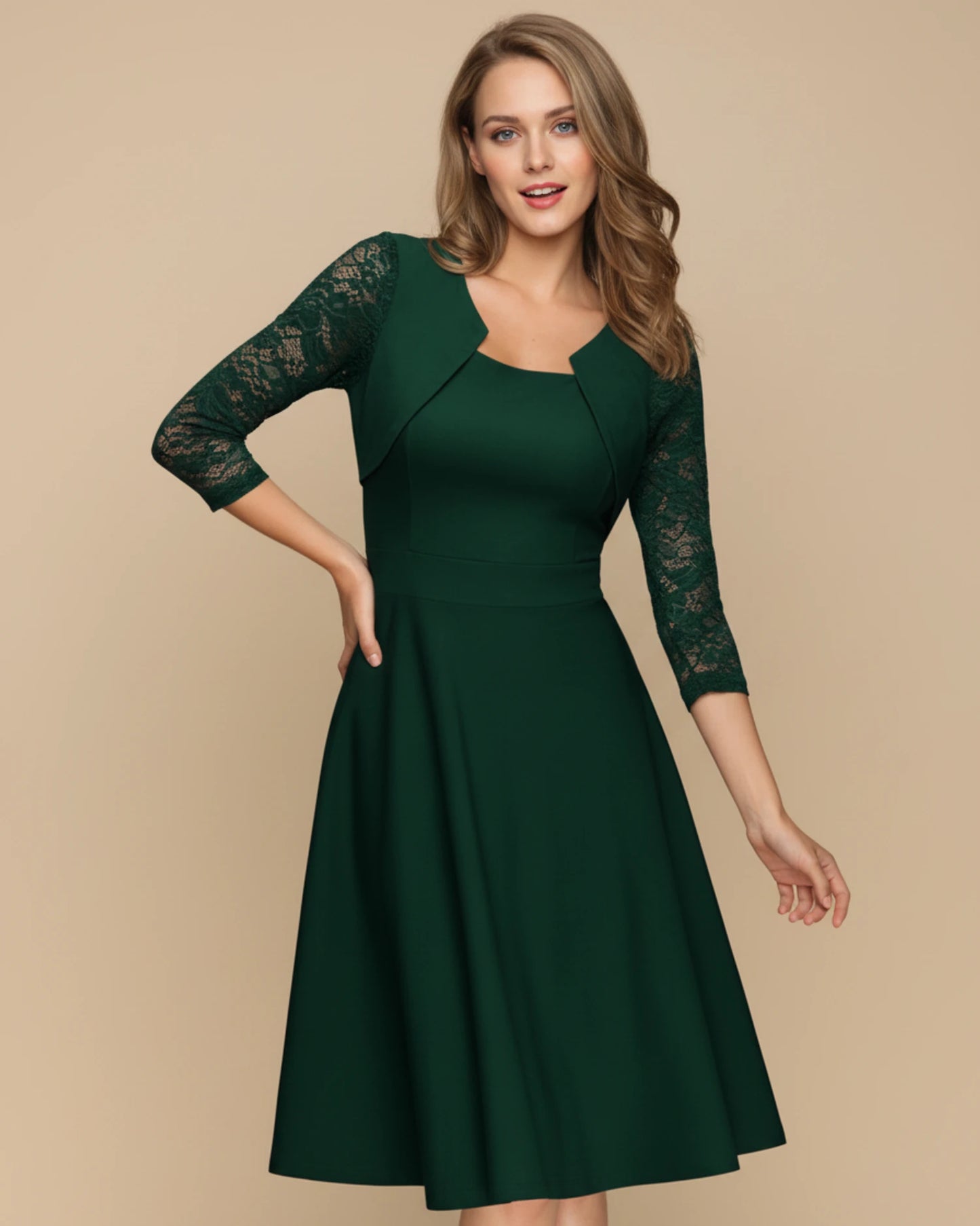 Women's 3/4 Sleeve A-Line Midi Dress image