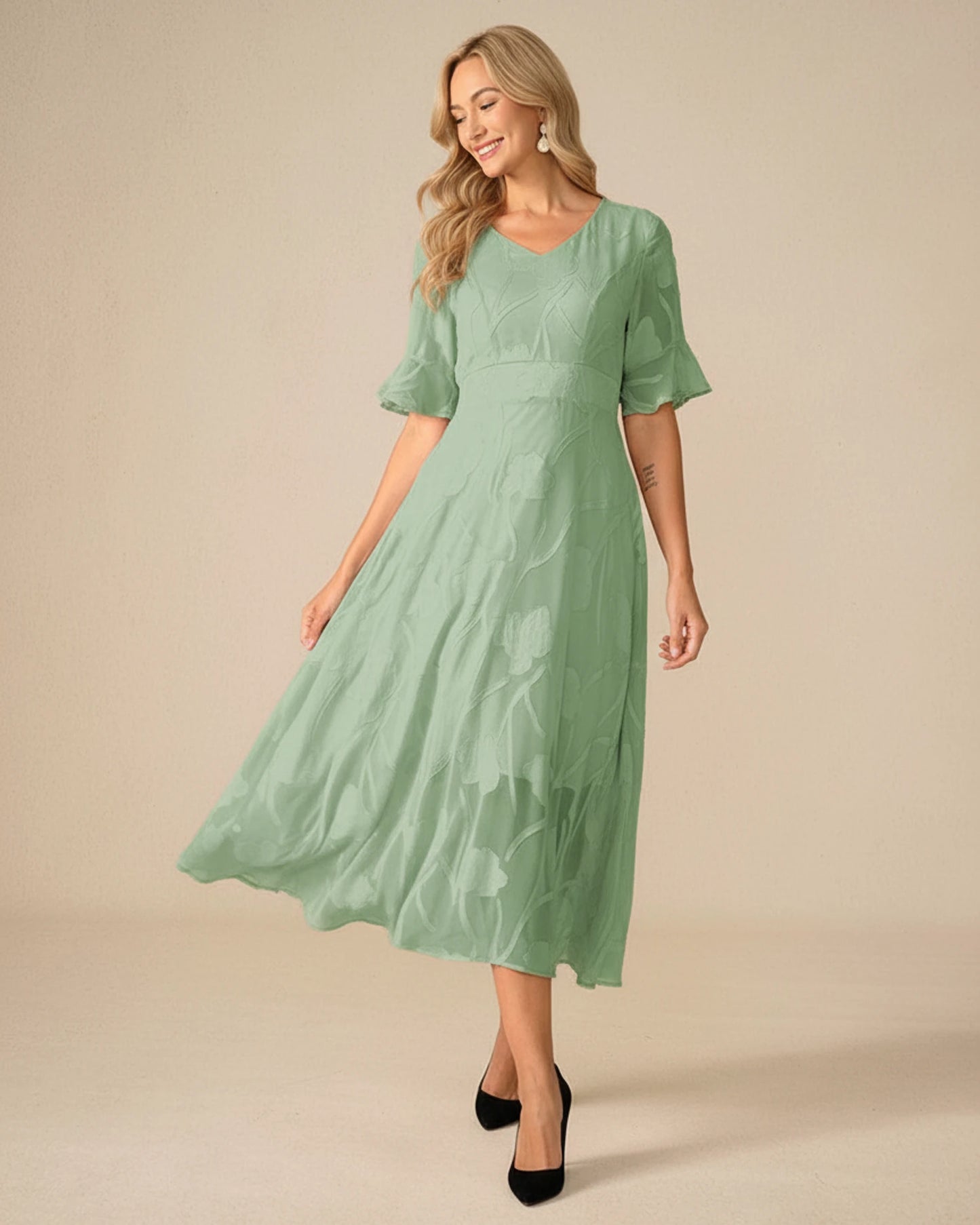 Midi Floral Mesh V-Neck A-Line Dress