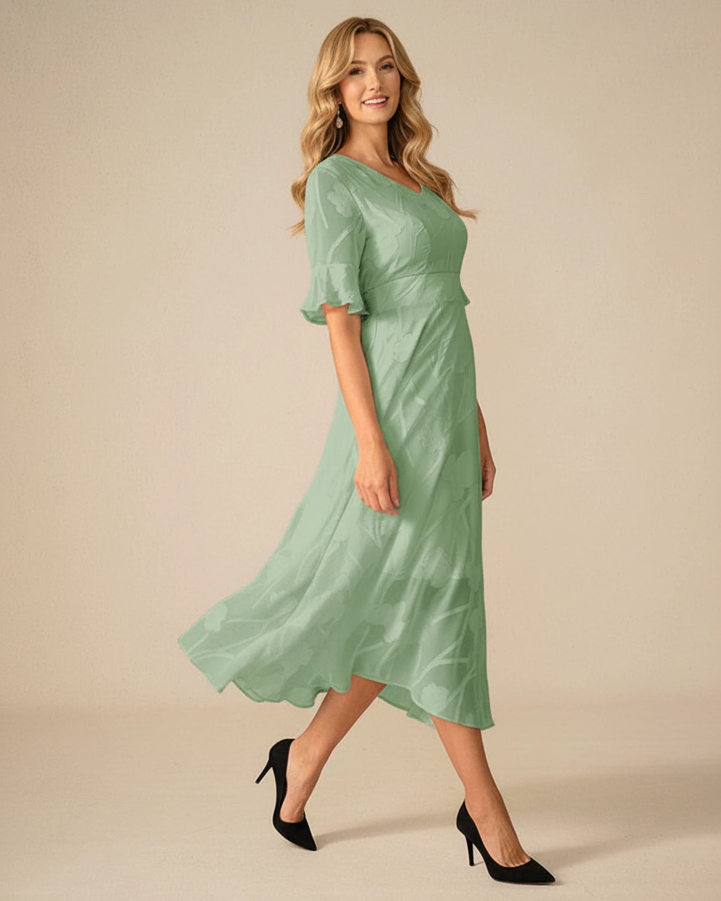 Midi Floral Mesh V-Neck A-Line Dress