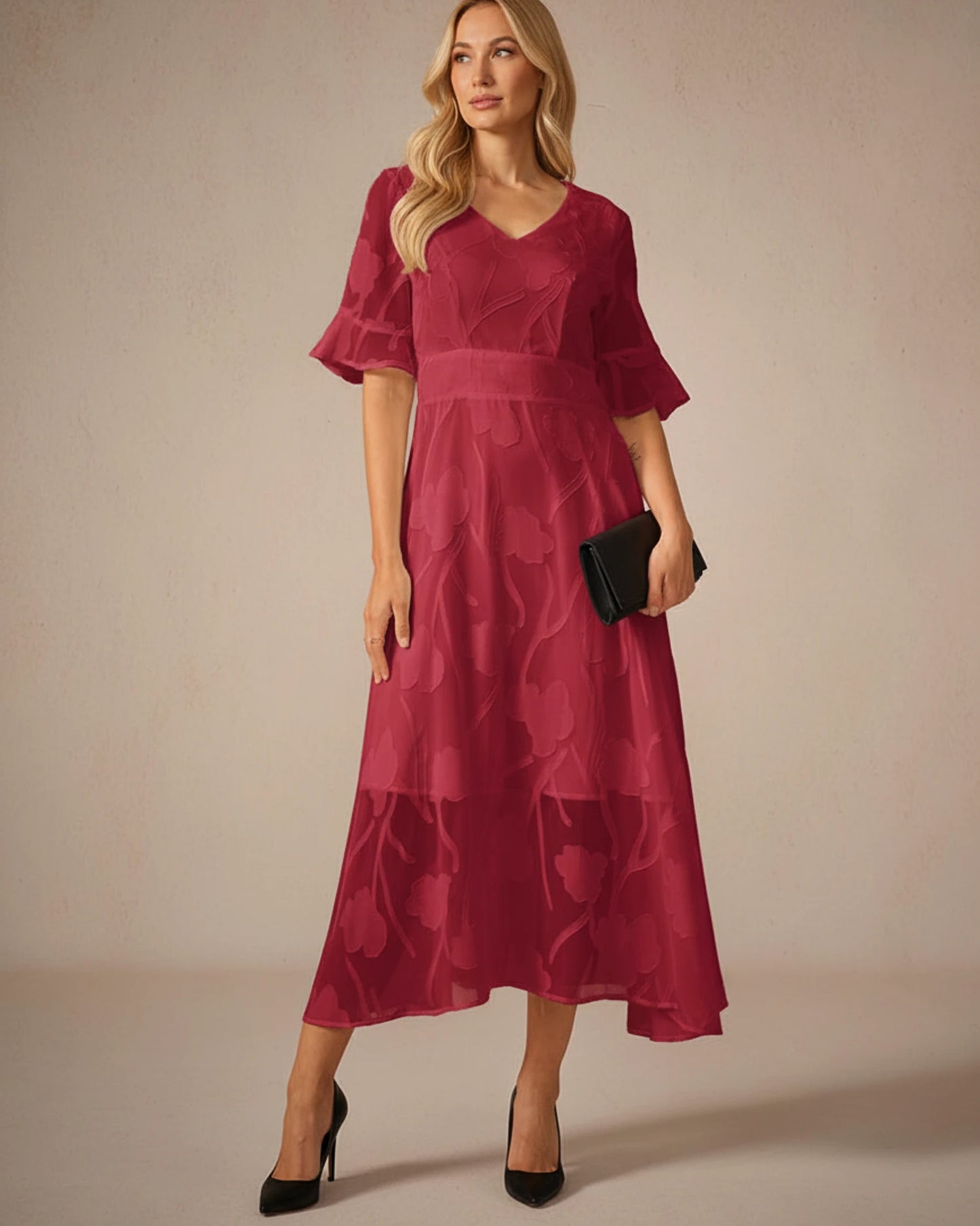 Midi Floral Mesh V-Neck A-Line Dress