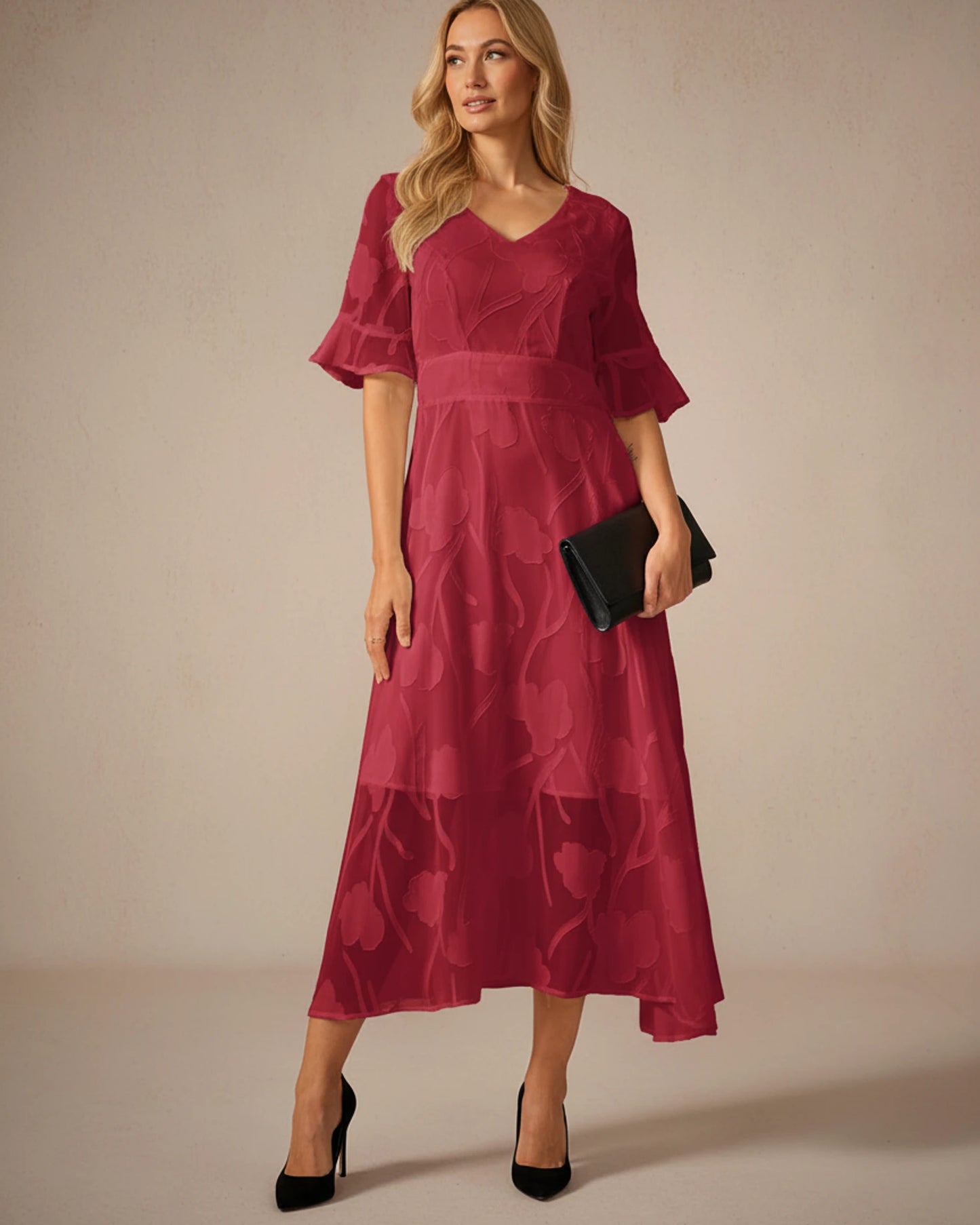 Midi Floral Mesh V-Neck A-Line Dress