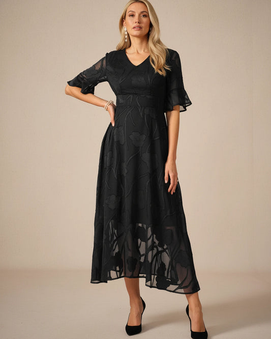 Midi Floral Mesh V-Neck A-Line Dress