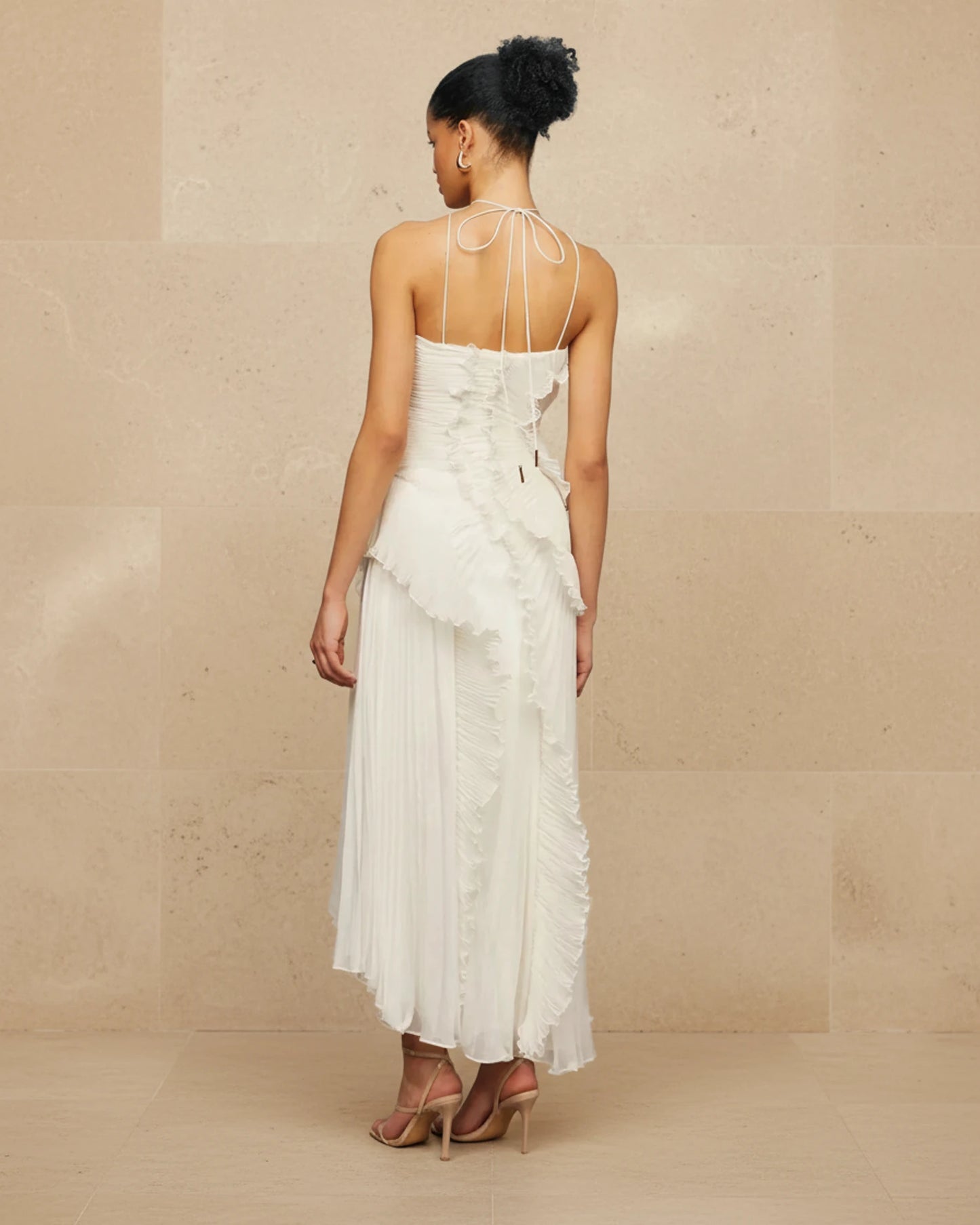 Women's Ruffled Pleated Slit Midi Dress