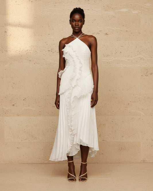 Women's Ruffled Pleated Slit Midi Dress