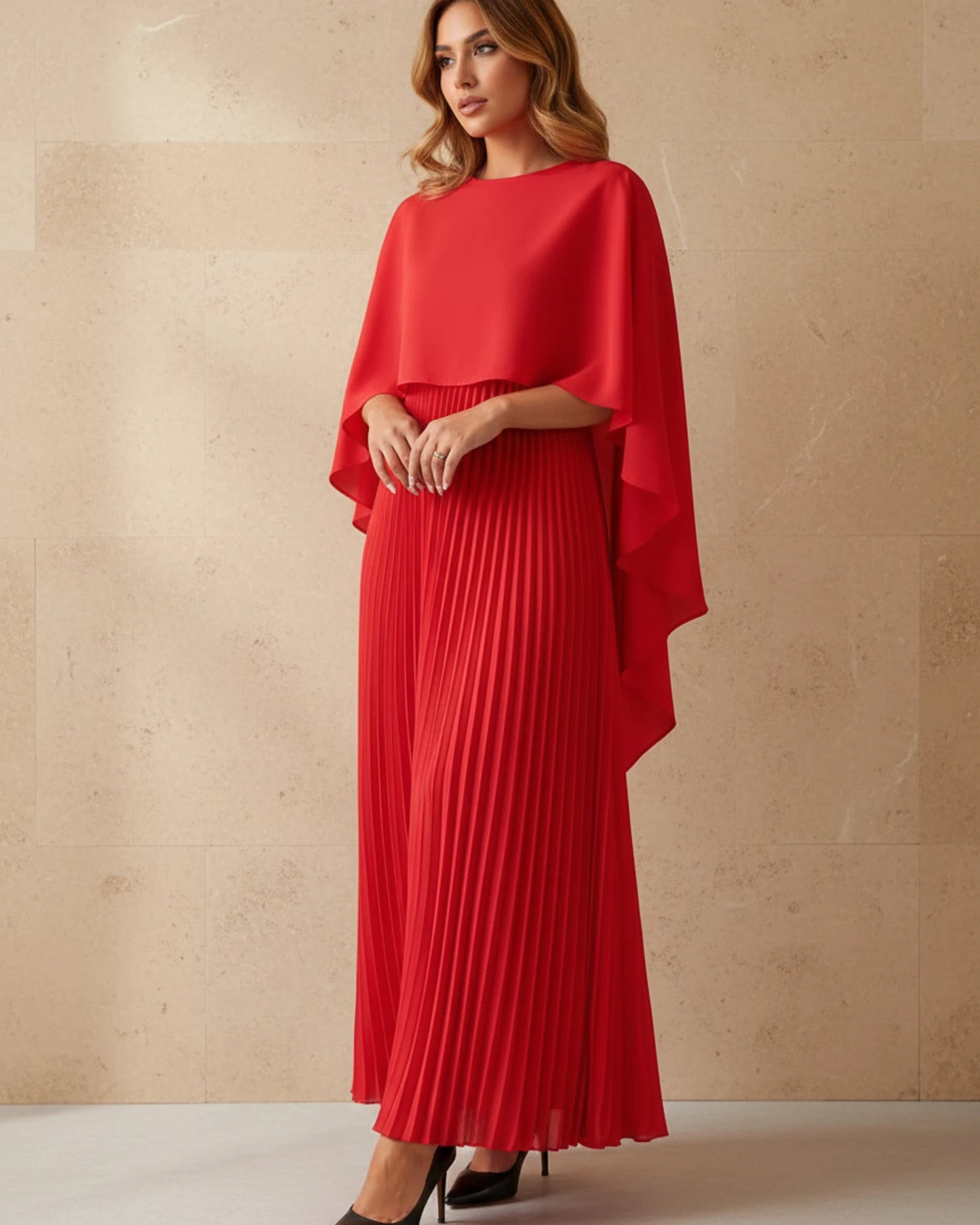 Women's Pleated Cape Maxi Dress