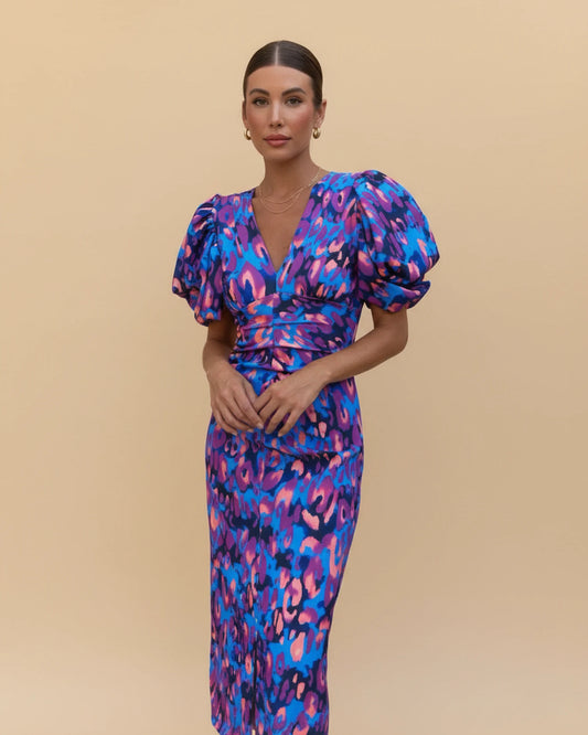 Women's Puff Sleeve V-Neck Midi Dress image