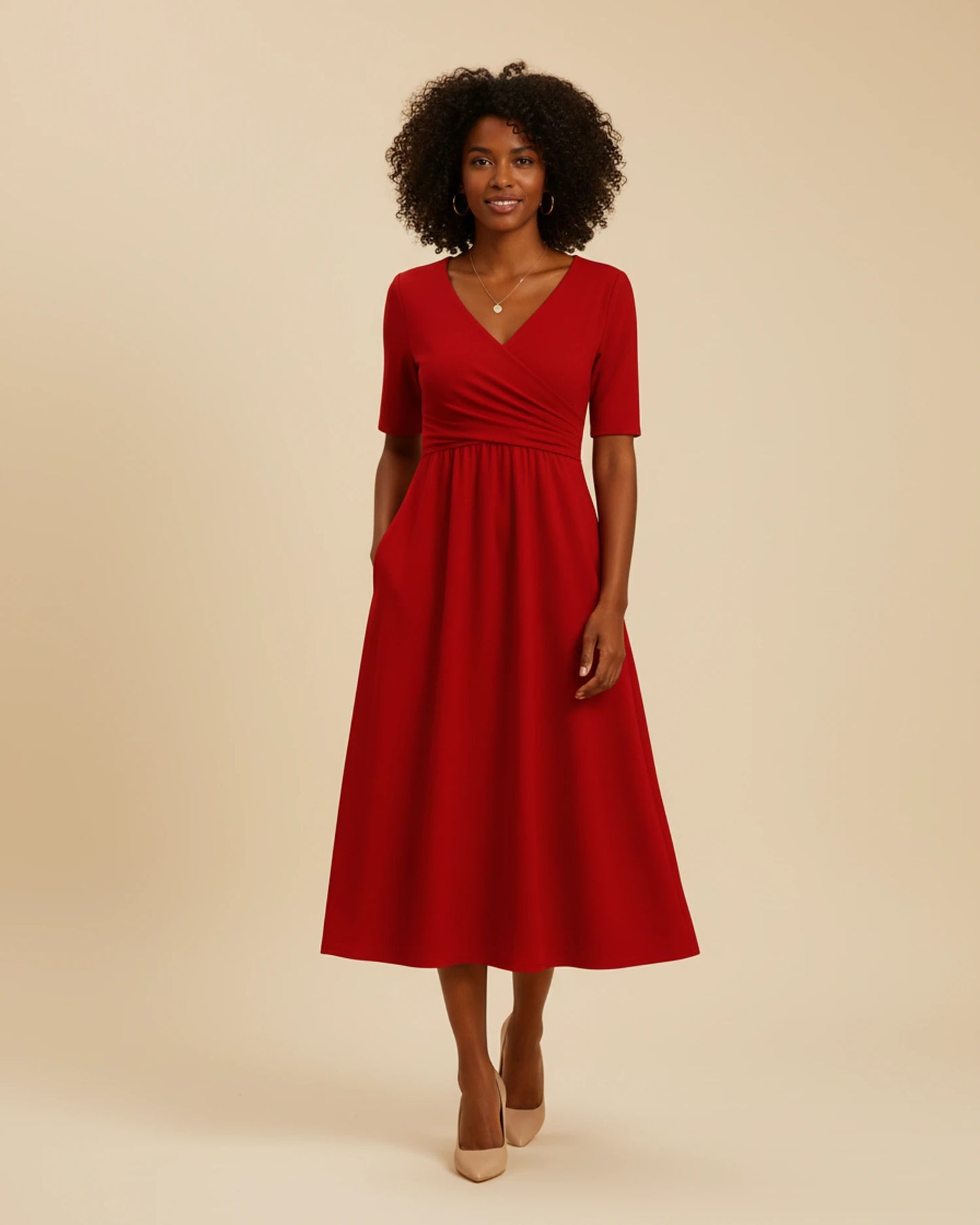 Women's V-Neck A-Line Midi Dress image