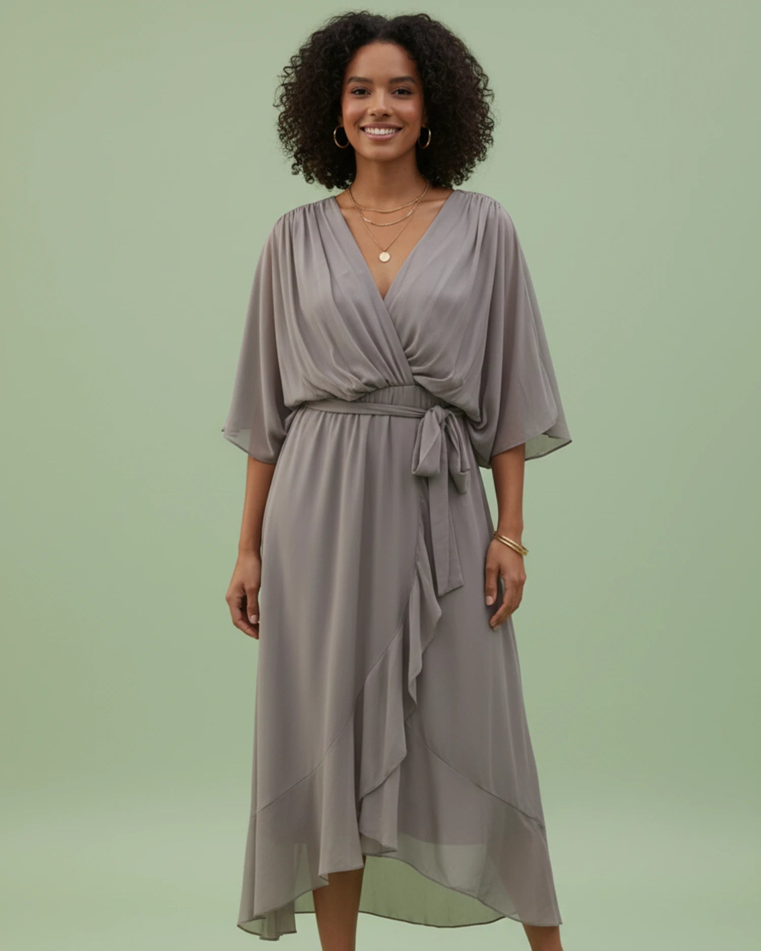 Women's V-Neck Wrap Midi Dress image