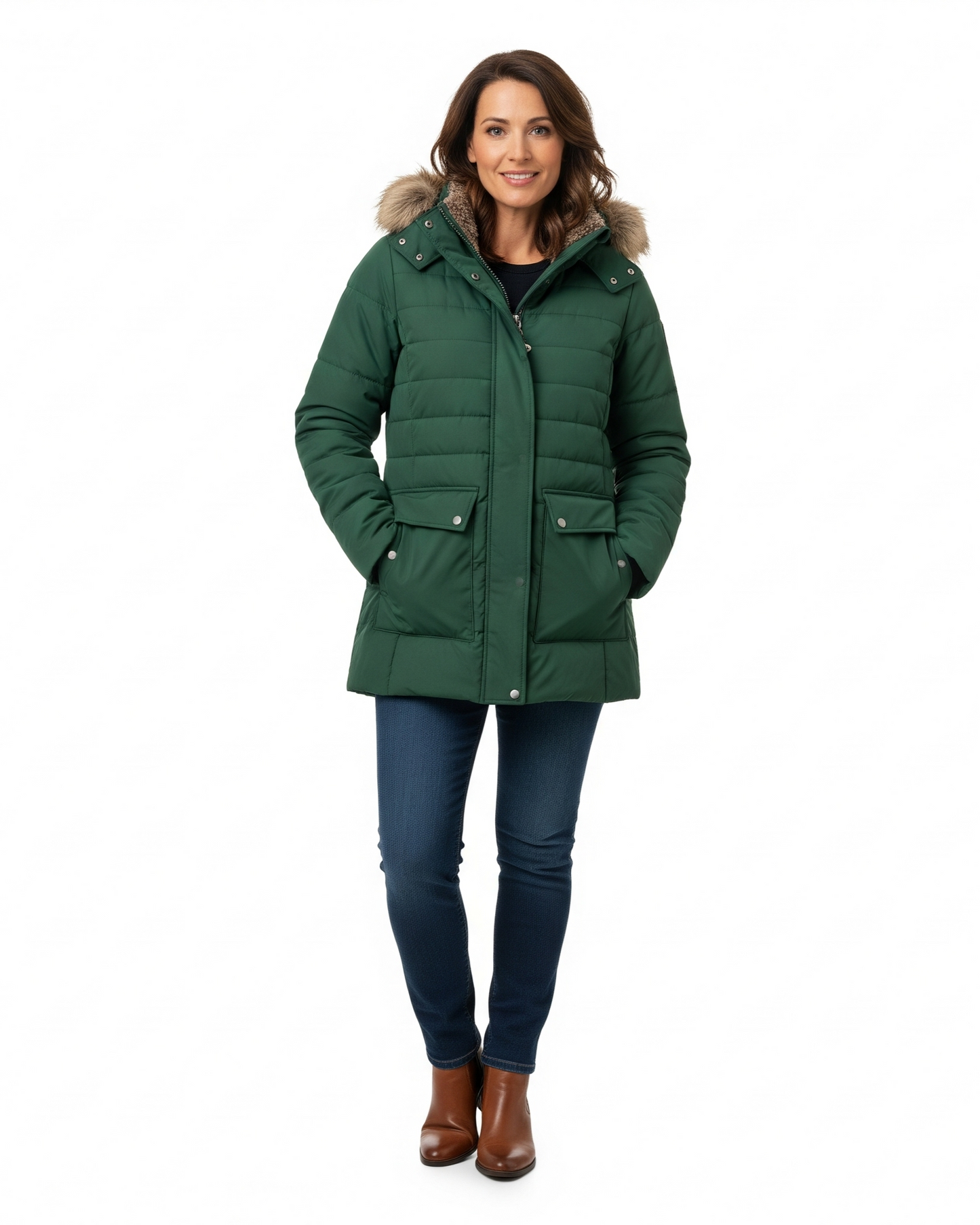 Women's Hooded Puffer Parka with Faux Fur Trim